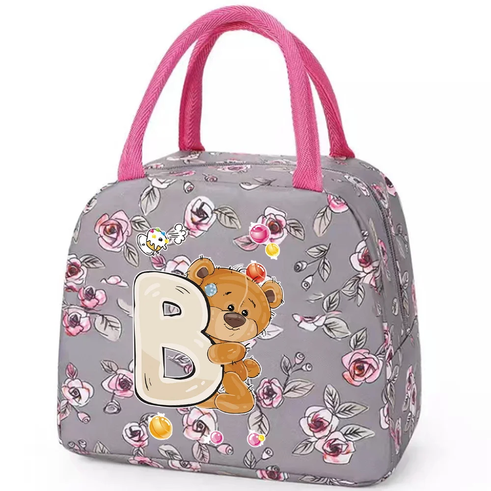 Zipper Lunch Bag for Kids Design Grey Flower Color Lunch Box Microwave Safe Dinner Box Printing Bear