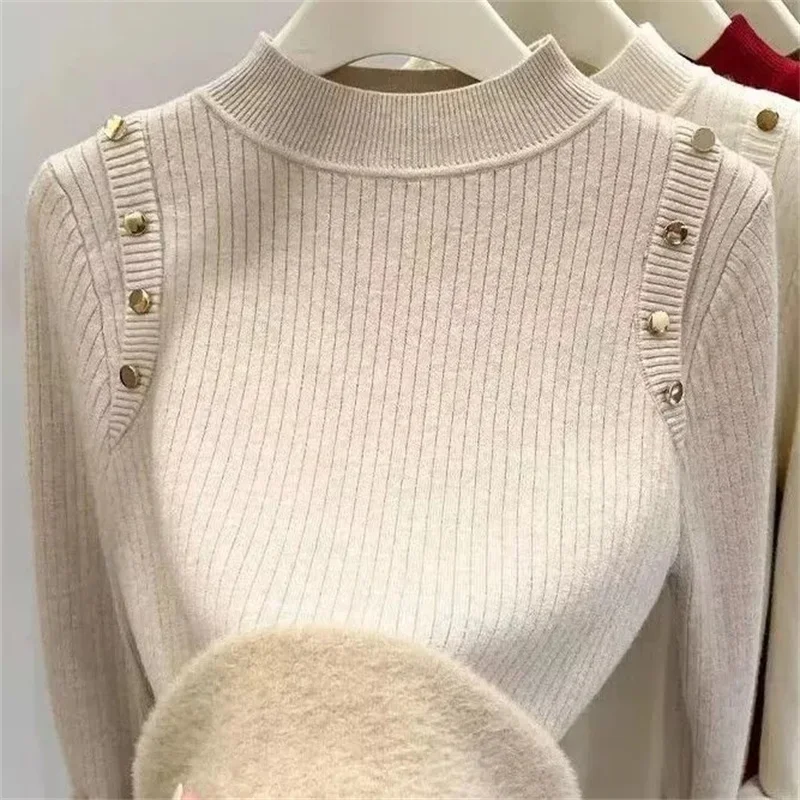 Half Turtleneck Winter Sweater Women Elegant Thicke Velvet Lined Warm Sueter Fleece Knitted Pullover Top Female Knitwear Jumper