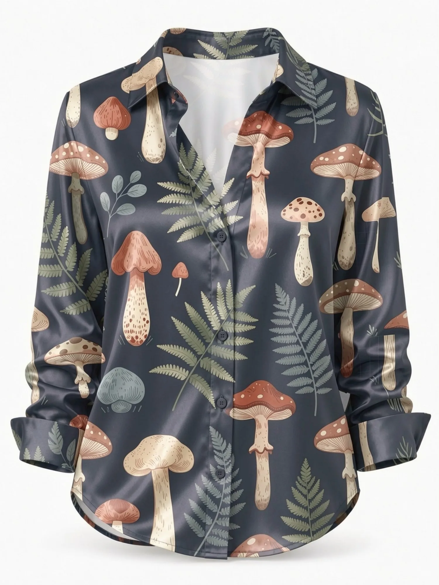 Dark Forest Mushroom Fern Satin Blouse for Women Long Sleeve Button Down Shirt Nature Botanical Casual Silky Top