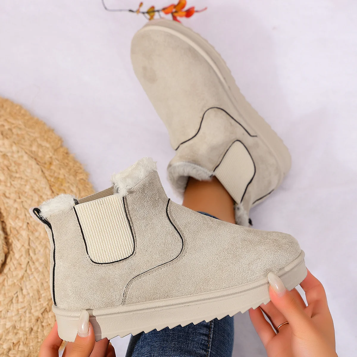 Damen-Stiefeletten mit Fransen zum Hineinschlüpfen, trendige, bequeme Winter-Kurzstiefel – Detail 8