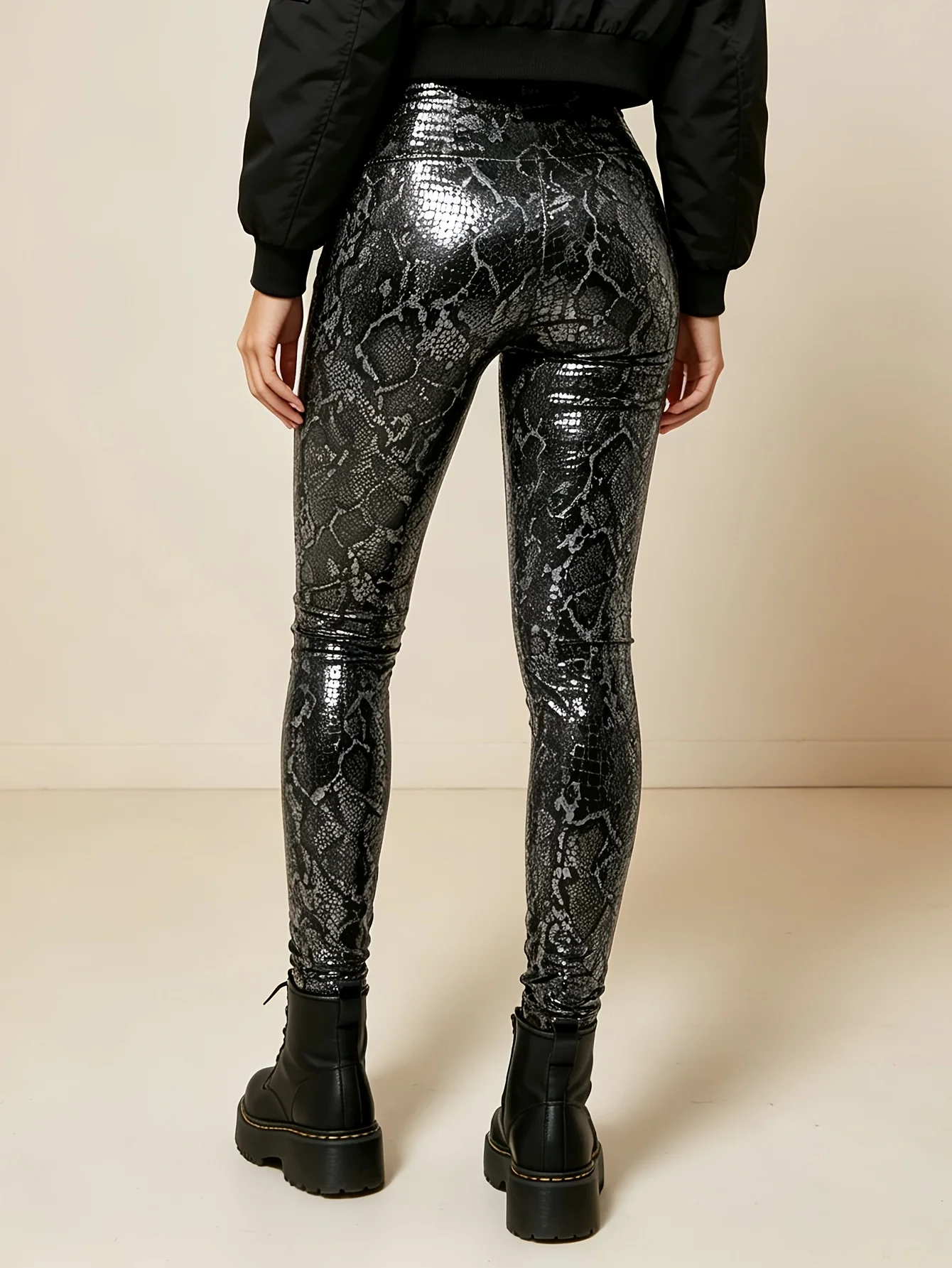 Leather Print Leopard-patterned Slim-fit Ankle-length Pants For Trendy Streetwear Casual Daily Commuting And Slimming Effect
