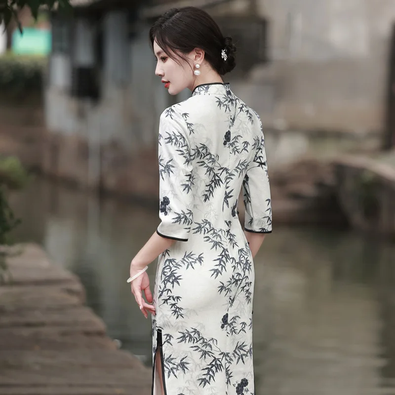 Chinese Traditional Clothes Suede Fabric Qipao Ink Print Cheongsam Stand Collar Half Sleeved Side Slit Slim Fit Dress in Spring