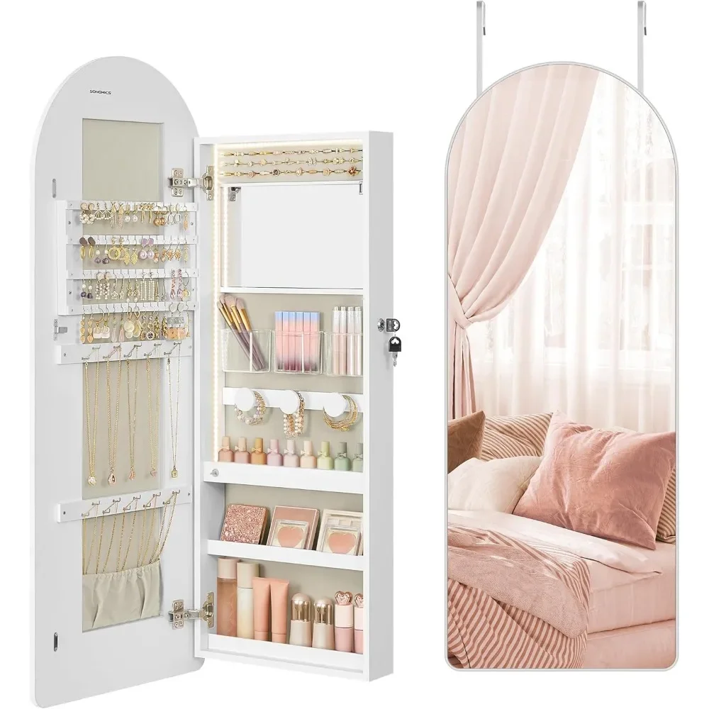 

Wide Jewelry Organizer, LED Jewelry Cabinet Wall/Door Mounted, Arched Mirror with Storage, Lockable, Rounded Corner,