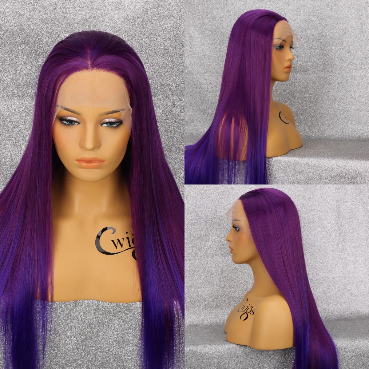 

Purple Stitching Front Lace Synthetic Long Straight Hair Wig Mesh Cap Breathable Lightweight Fashion Cosplay Women's Wig