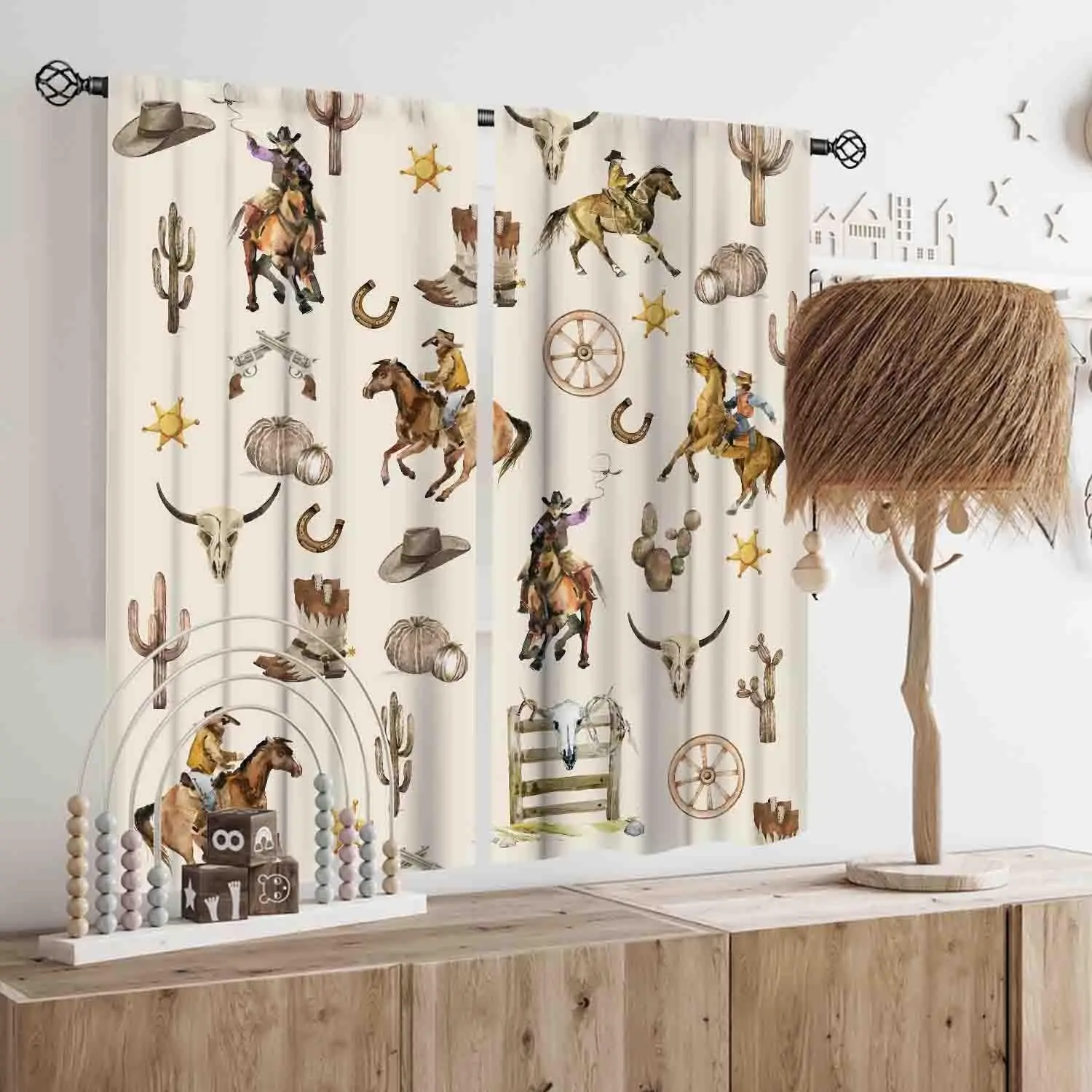 Western Cowboy Watercolor Curtains, Horse Cactus Bull Skull Boot Horseshoe Beige Window Drapes for Farmhouse Bedroom Lodge Decor