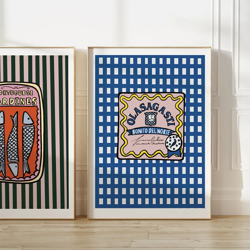 

Portuguese Sardines Gingham Anchovies Poster Canvas Painting Vintage Wall Art For Kitchen Living Room Home Decoration