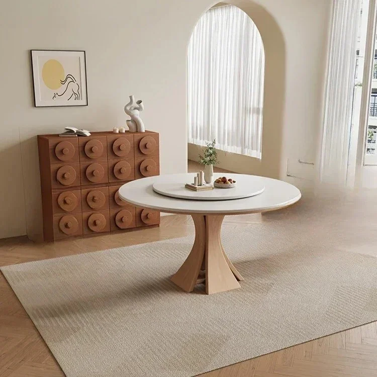 Log cream wind rock slab dining table round table with turntable small apartment round full support solid wood dining tabledecor