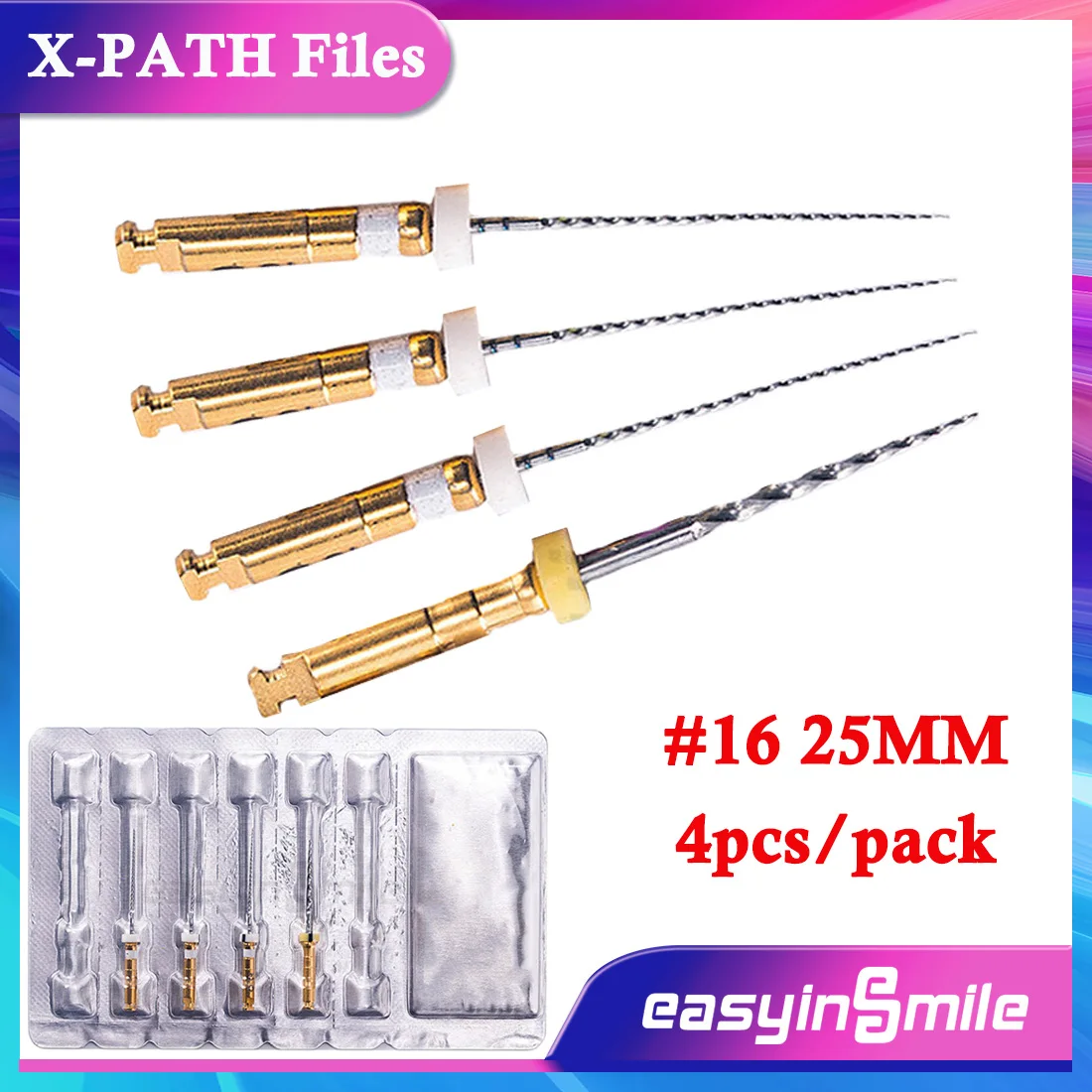 EASYINSMILE 4Pcs Endo NITI Files #16 Dental Endodontic X-PATH Root Canal Files 25MM Assorted Engine Tip