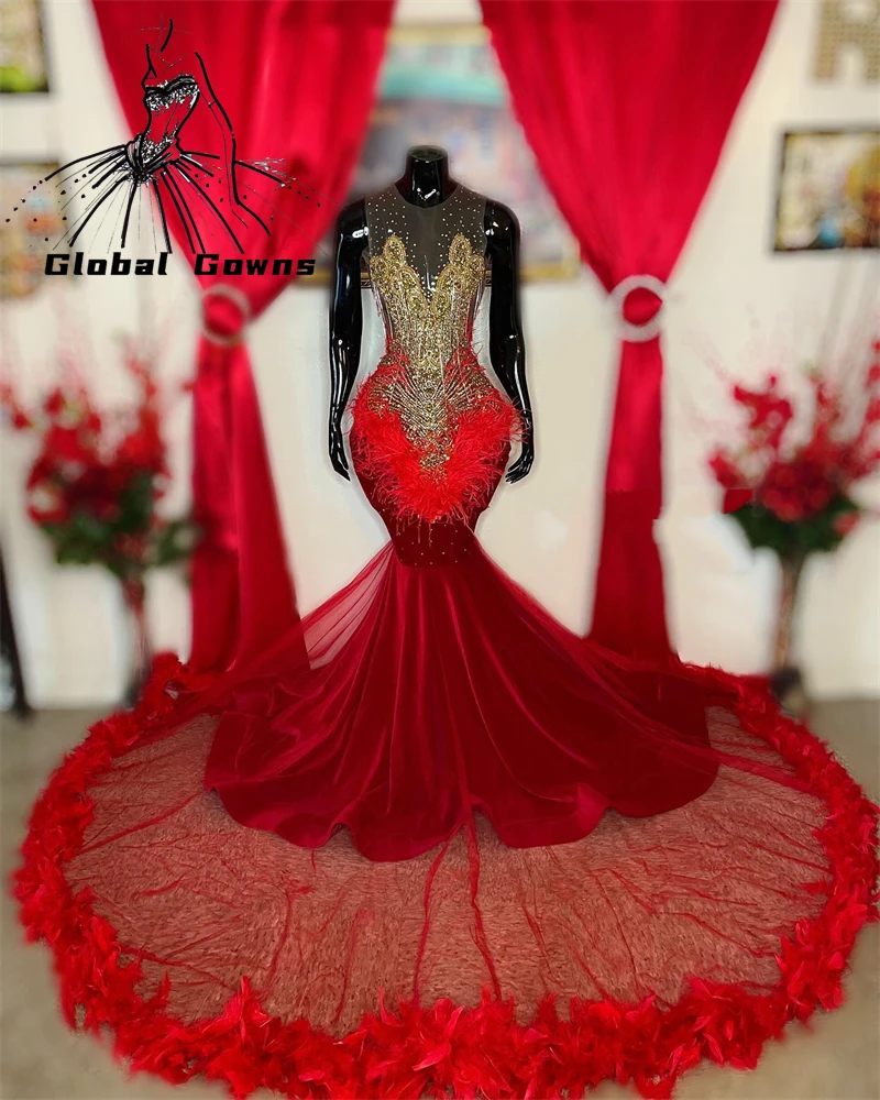 

Red O N Long Prom Dresses For Black Girls 2024 Feathers Birthday Party Dress Appliques Evening Gown Tulle Robe De Bal Customized