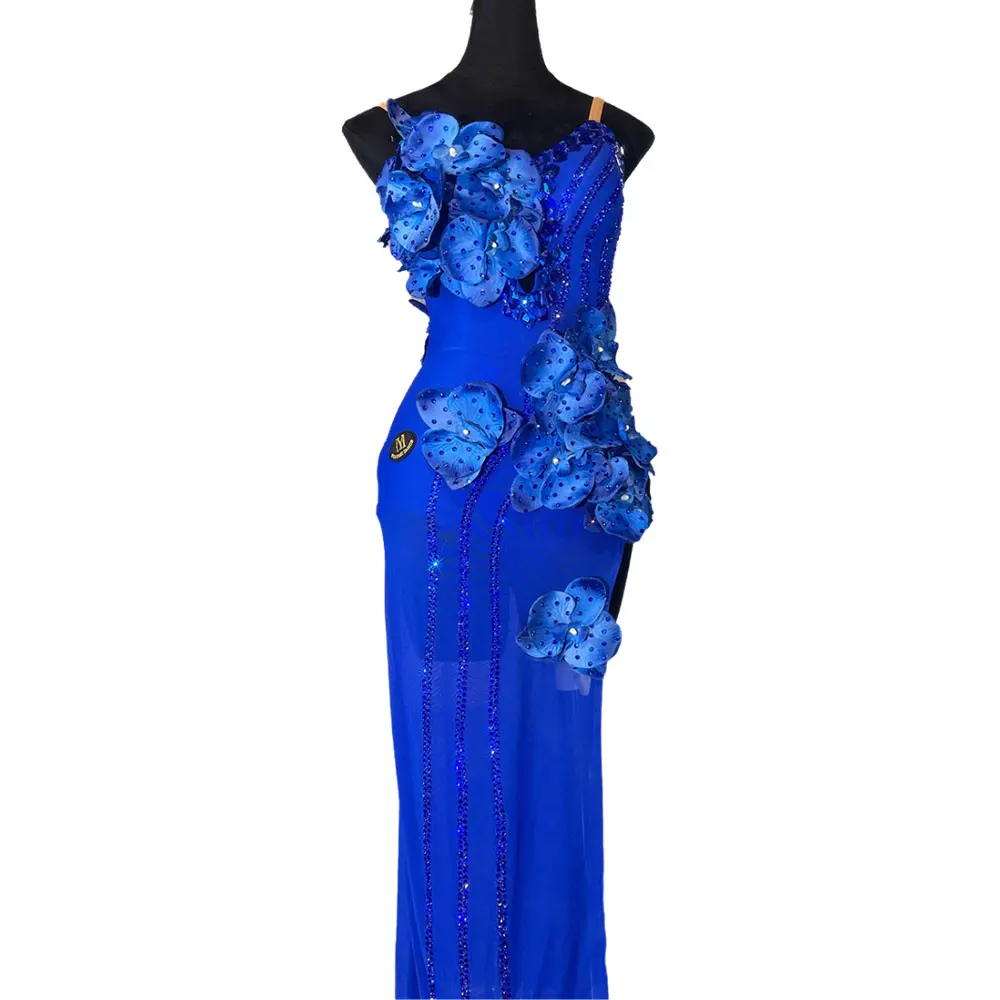 فستان راقص لاتيني للأطفال البالغين عالي الجودة مخصص من كلاين بلو فلاور تشا تشا سامبا للأداء الاحترافي