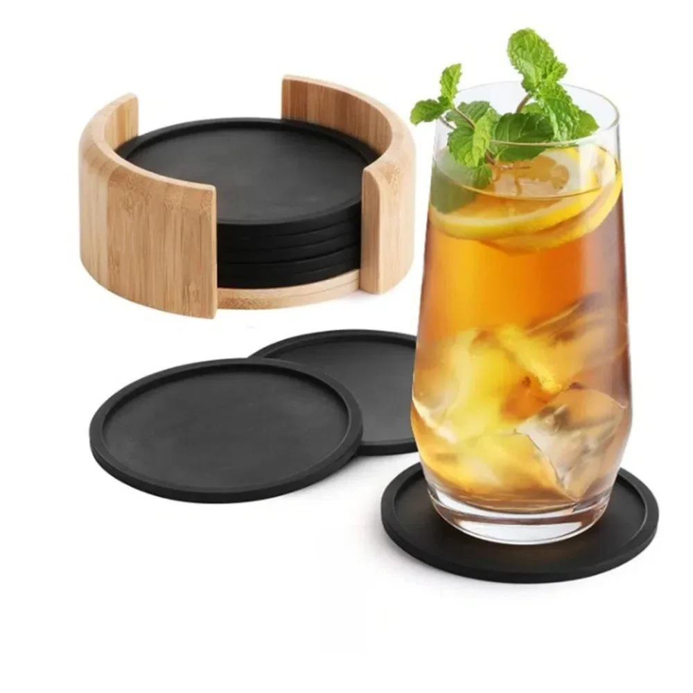 

4pcs Functional 10cm Cup Mat Round Shape Heat Resistant Round Coffee Cup Mat Black Non-Slip Surface Table Placemat Office
