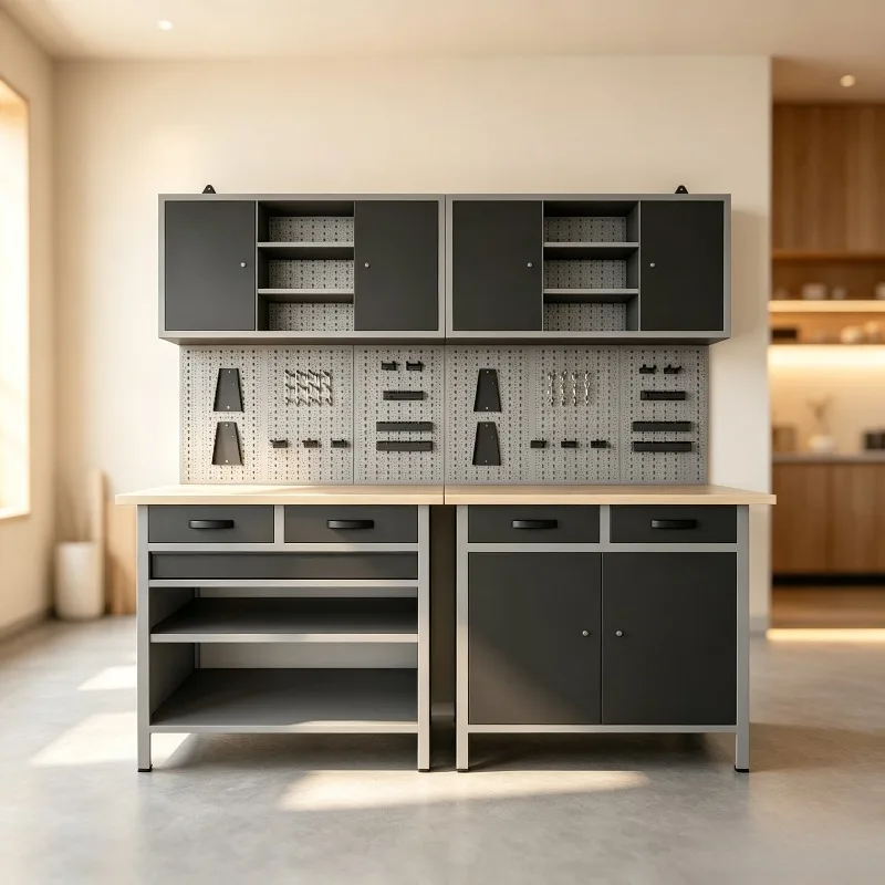 Heavy Duty Modular Garage Storage System Professional Steel Workshop Workbench Cabinet Set With Pegboard Tool Organizer