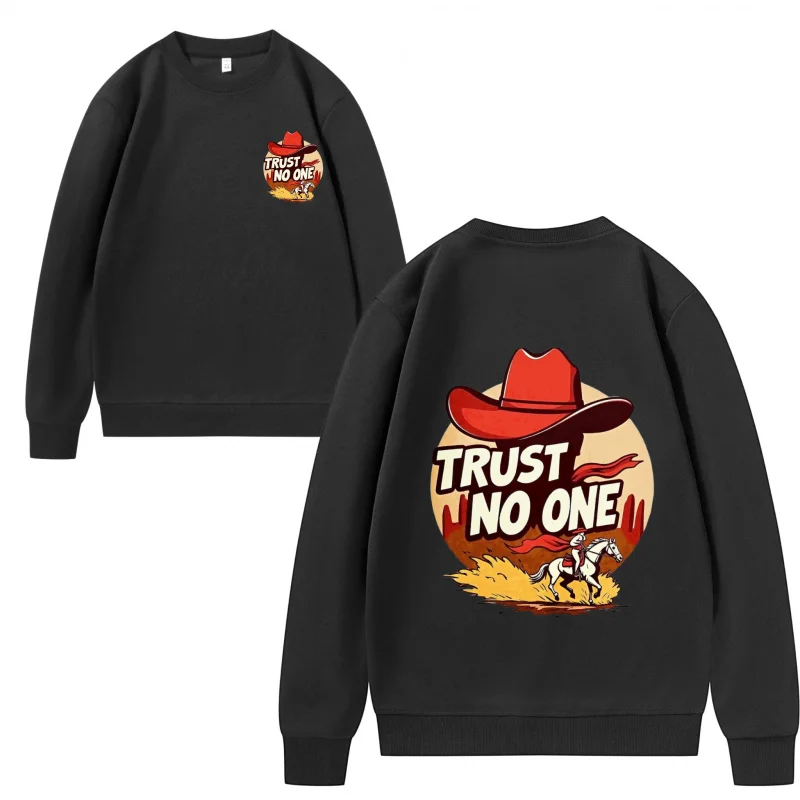 سويت شيرت رجالي أسود Trust No One قبعة رعاة البقر الحصان الصبار مشهد الصحراء جرافيك طباعة بلوزة كاجوال للارتداء اليومي #4