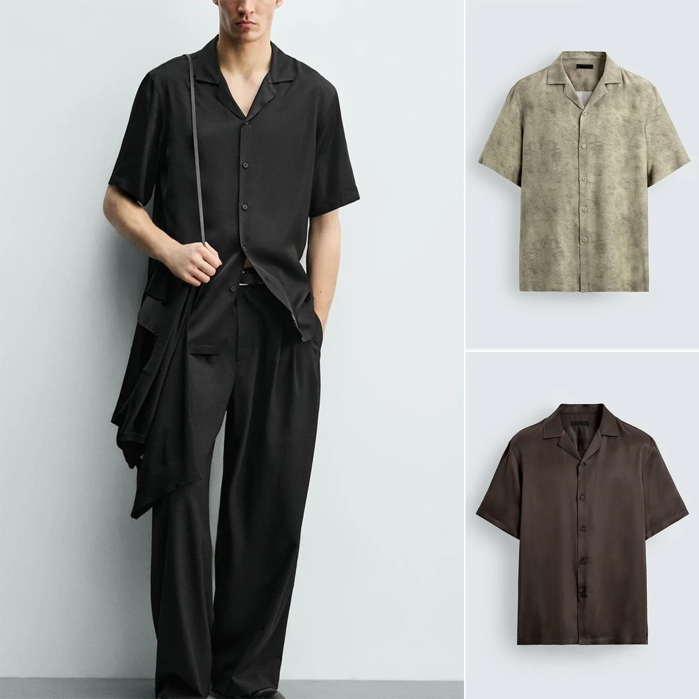 Loose Fit Bowling Shirt Men's Summer New Single Button Short Sleeve Dropping Waist Polyester Fiber Casual Style Pure Color