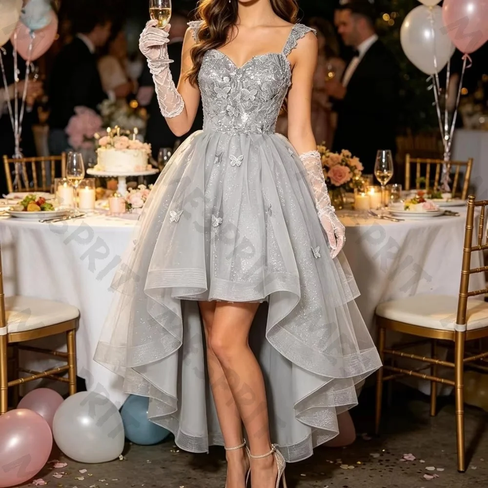 Customized Sequined Lace Thin Shoulder Strap Evening Gown 2026 Silver Waist Cinched Front High Back Low Skirt Mini Ball Dress