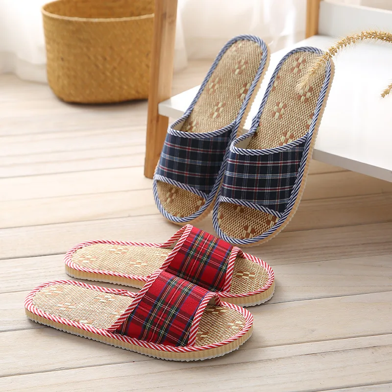 Indoor Slippers Grass Mat Home Guest Wooden Floor Hotel Feature Foam Soft Bottom Autumn Winter Linen Inn Flat Toe EVA Bottom view 3