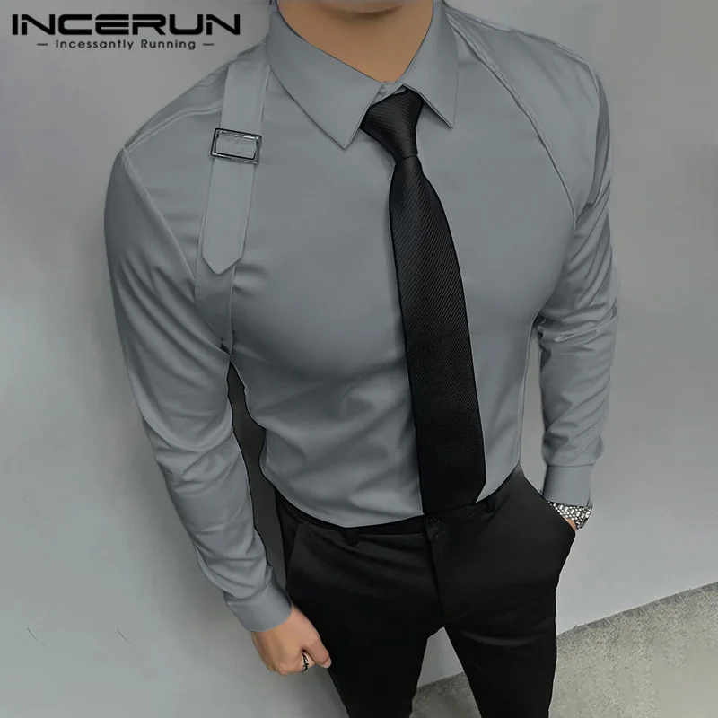 INCERUN Men\'s Shirt Solid Color Lapel Long Sleeve Streetwear Casual Men Clothing 2024 Fitness Fashion Business Leisure Shirts