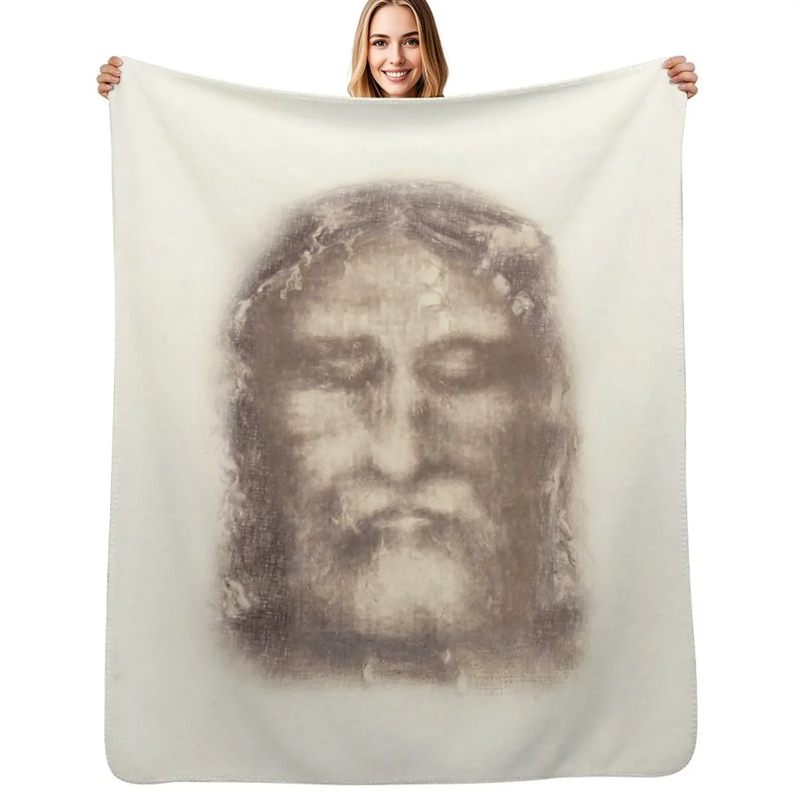 Shroud of Turin Face of Jesus Christ with Crown of Thorns Beige Vintage Background Painting HD High Quality Throw Blanket