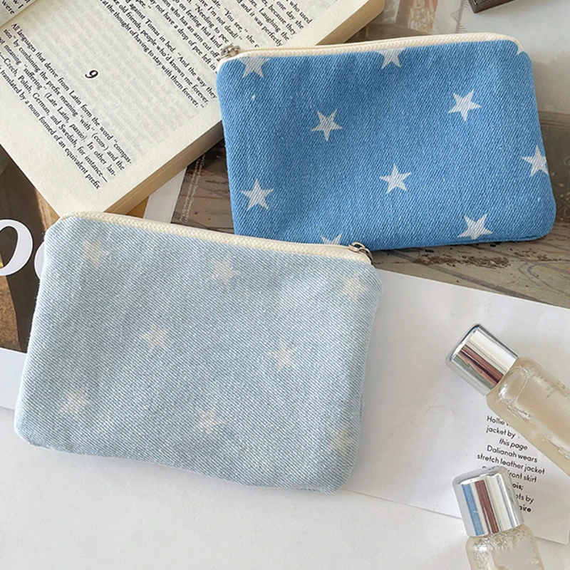 Star Coin Purse with Zipper Simple Fabric Pouch Portable Small Coin Wallet Lipstick Headphones Storage Bag Star Print Pouch