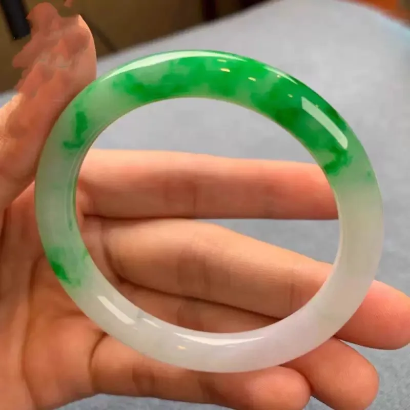 Myanmar Jadeite Ice-Waxy Type Bright Fine Round Bangle with Green Highlights