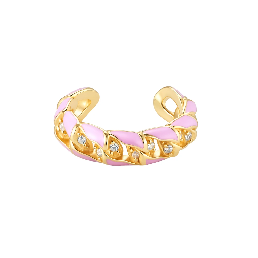 

High Quality 925 Sterling Silver Gold Plated Pink Enamel Hollow Non-Pierced Ear Clip Cuff Earrings