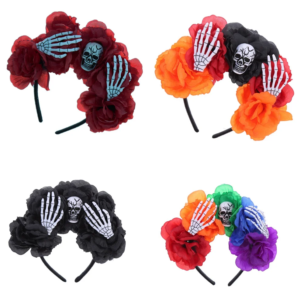 Diadema de hada para el Día de los muertos, corona Floral de Rosa Bloomy, calavera de araña aterradora, Aro para el cabello de fiesta, accesorios para el cabello