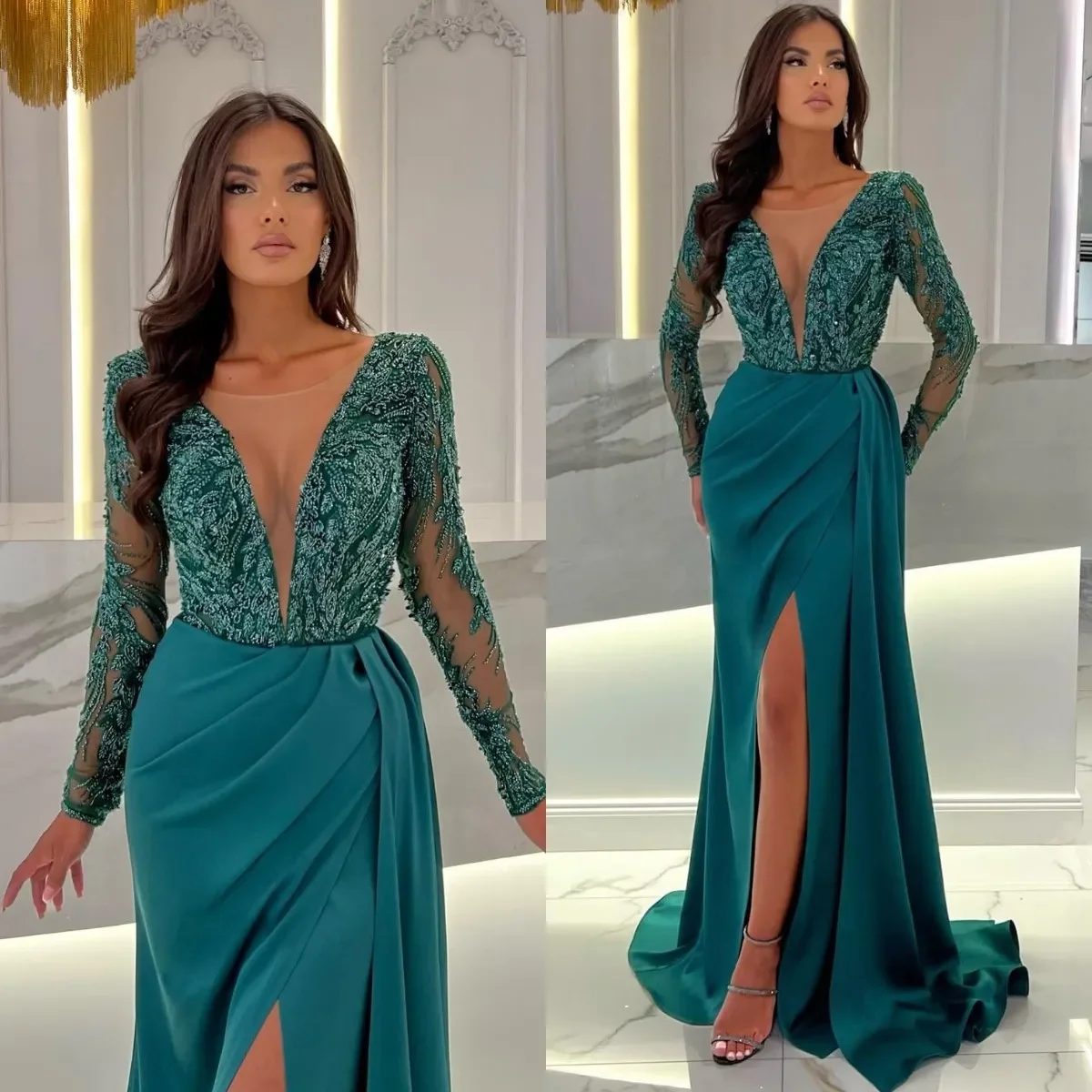 Vestidos de noite verdes árabia ilusão decote em v mangas compridas miçangas festa vestido de baile divisão ocasião especial dubai personalizado