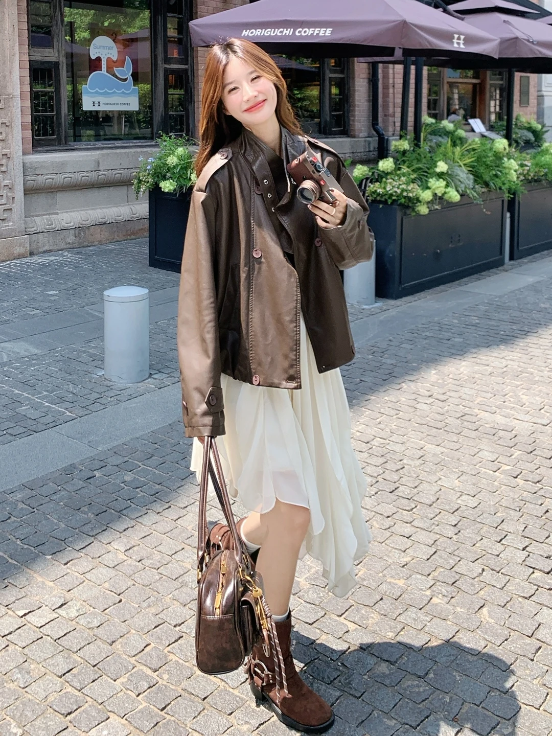Cé Brown Workwear Protein Leather Jaet Women's ort Sle Spring Autumn High Faion Cool Biker Coat Zipper Closure Long...