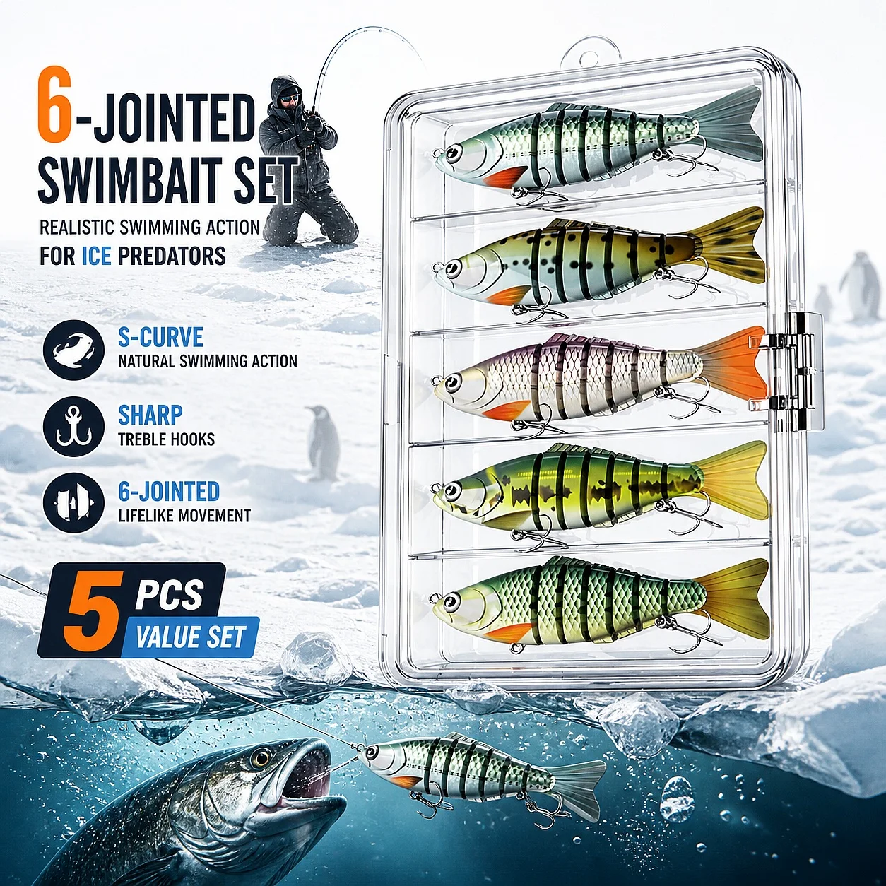 5 Pcs Multi Jointed Swimbaits Full Sinking Angling Gear Segmented Wobbler Sharp Triangle Hooks Storage Box for Bass