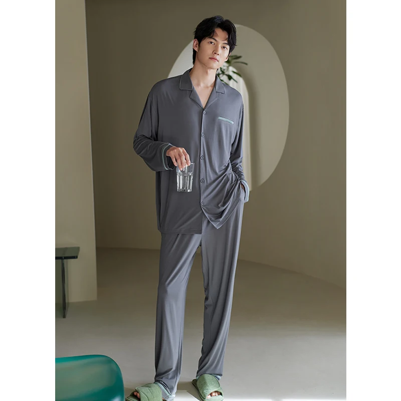 Autumn Pajamas Set Male Soft Modal Sleepwear Home Clothing Long Sleeves Spring Cardigan Tops + Long Pants Leisure Pyjamas Suit