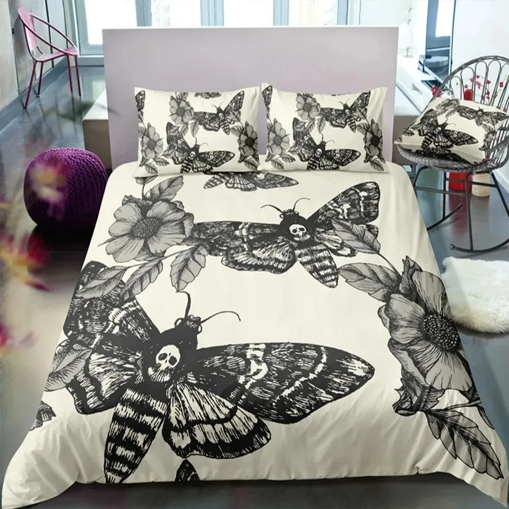 

Gothic Skull Duvet Cover Set, Death Moth and Flowers Comforter Cover King Personalized Skeleton Bones Bedding Sets Black Cream