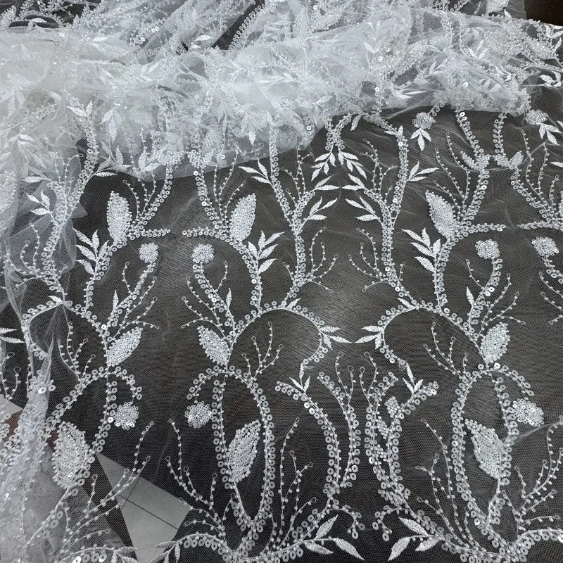 Sequin Beads Beading Embroidered Lace Fabric for Wedding Dress Clothing Veil Design Cloth Diy By The Yard Sewing Material