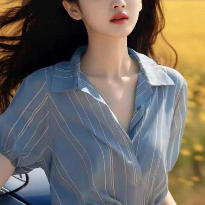 

2024 Summer French Retro Casual Minimalist Versatile Short Sleeve Blouses Printed Stripe Polo Collar Button Women's Shirt Top