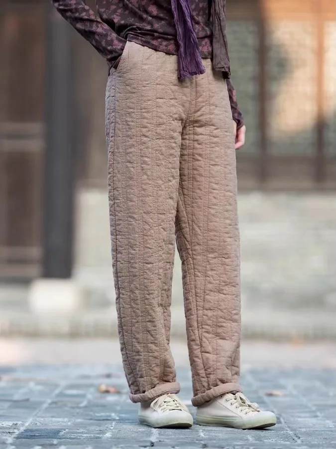 กางเกงผ้าฝ้ายลินินไซส์ใหญ่สำหรับผู้หญิง กางเกงขายาวลำลองอุ่นสบาย ผ้าฝ้ายผสมสไตล์เรโทรทรงสลิมสำหรับคุณแม่ สไตล์จีน...