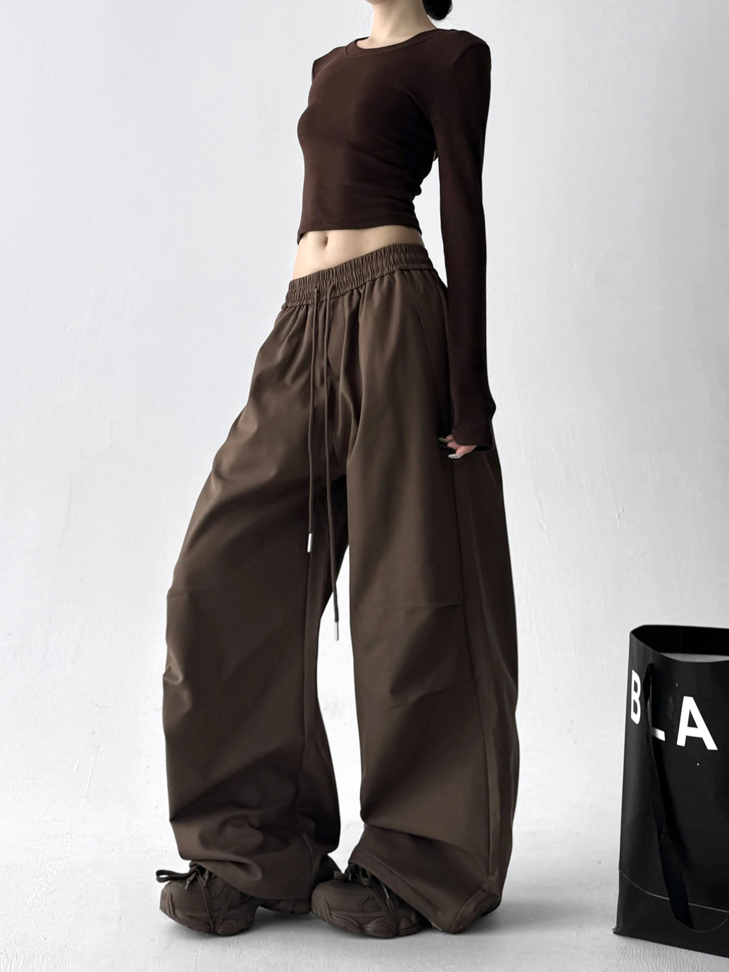 Thiened Fce واسعة الساق الأمريكية الرجعية Sle المرأة سراويل تقليدية فضفاضة مستقيمة مظلة الجندي السراويل عالية الخصر البوليستر... #2