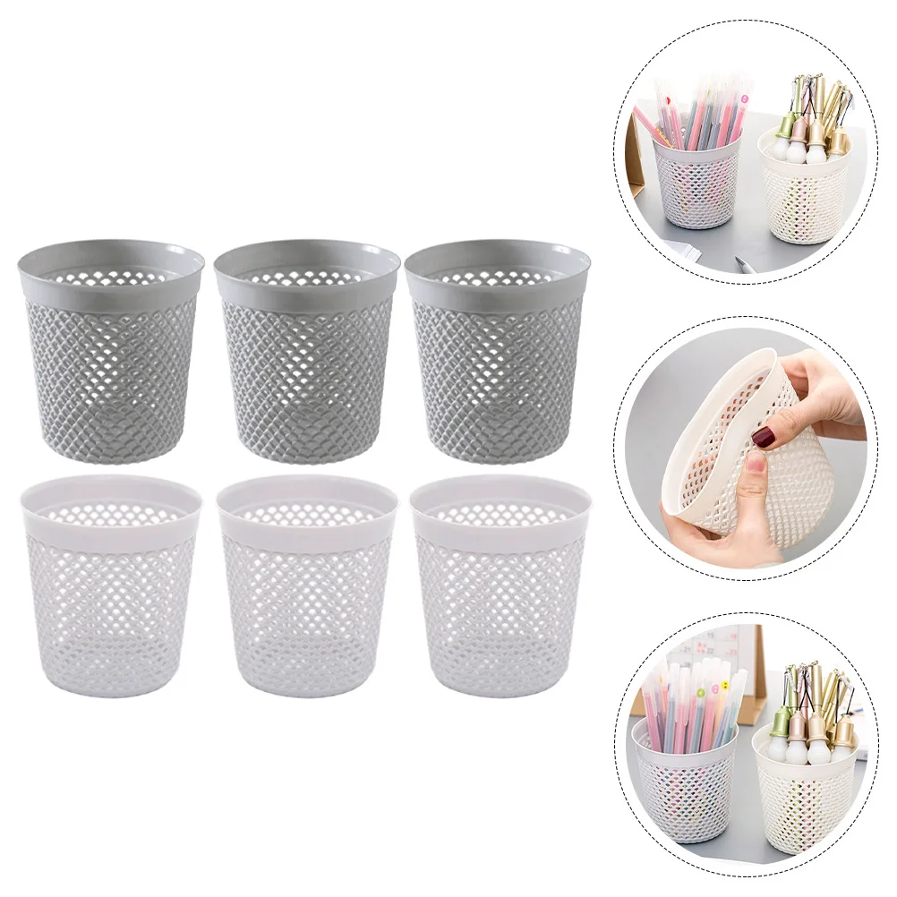 

6pcs Makeup Brush Storage Container Plastic Stationery Basket Office Pen Holder Hollow Design Creative Desk Organizer