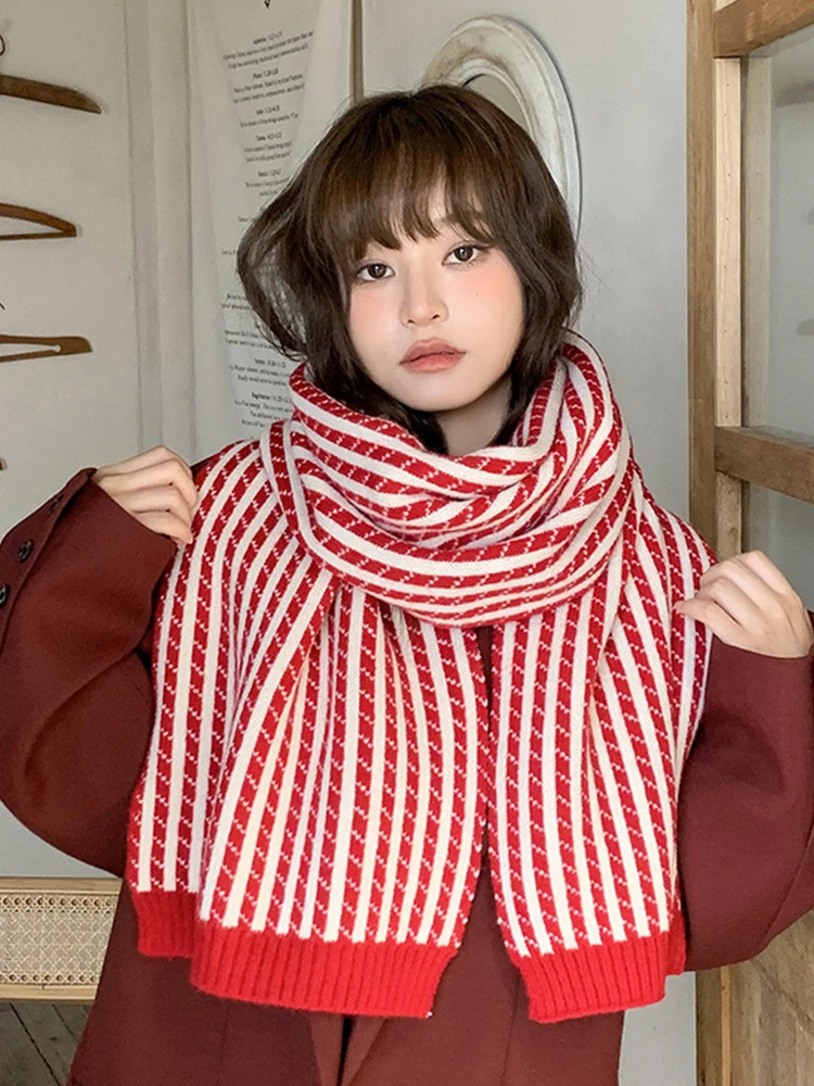 New 2023 Knitted Women Scarf Winter Ladies Preppy Style Striped Scarve Mujer Foulard Bufanda Christmas Long Wrap Shawl Men Pareo