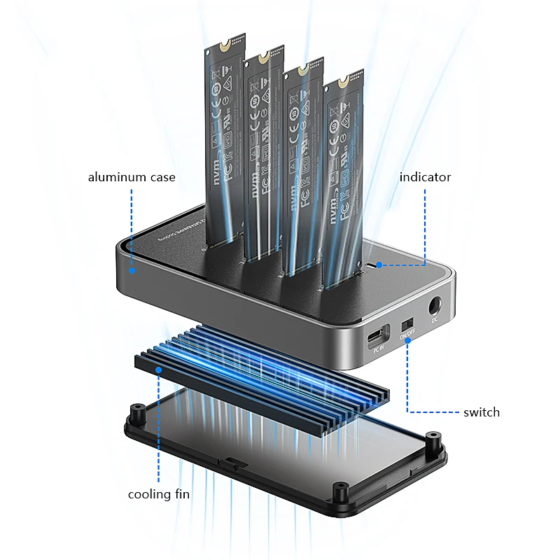 محطة إرساء Blueendless 4 Bay M.2 NVMe/SATA SSD من النوع C USB3.1 10Gbps m2 NVME PCie SATA ngff حافظة ألومنيوم SSD مزدوجة البروتوكول