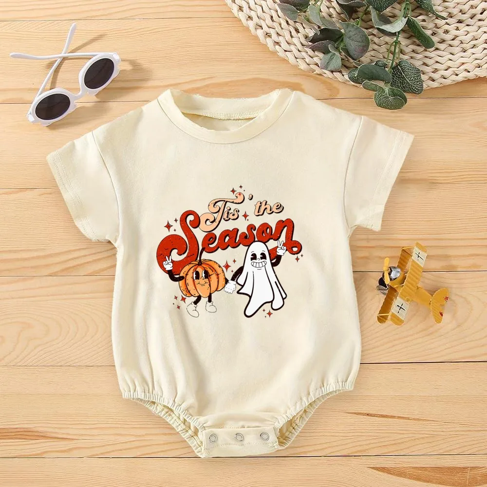 Tie The Season Pumpkin Latte Retro Halloween Bubble Romper Cute Fall Ghost Toddler Infant Bodysuit Retro Halloween Clothes