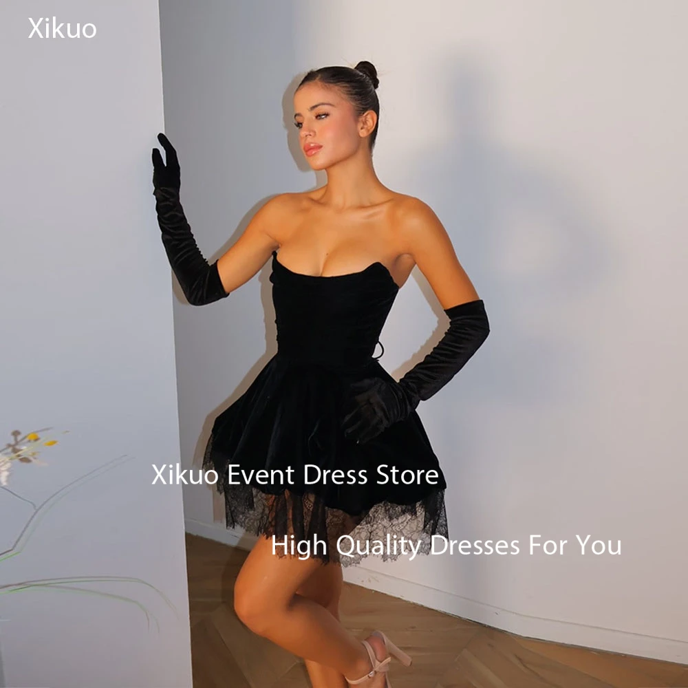 

Xikuo Graceful Black Velvet Prom Gown Sweetheart Bespoke Occasion Evening Gown Above Knee Lace Cocktail Evening Dress Customized