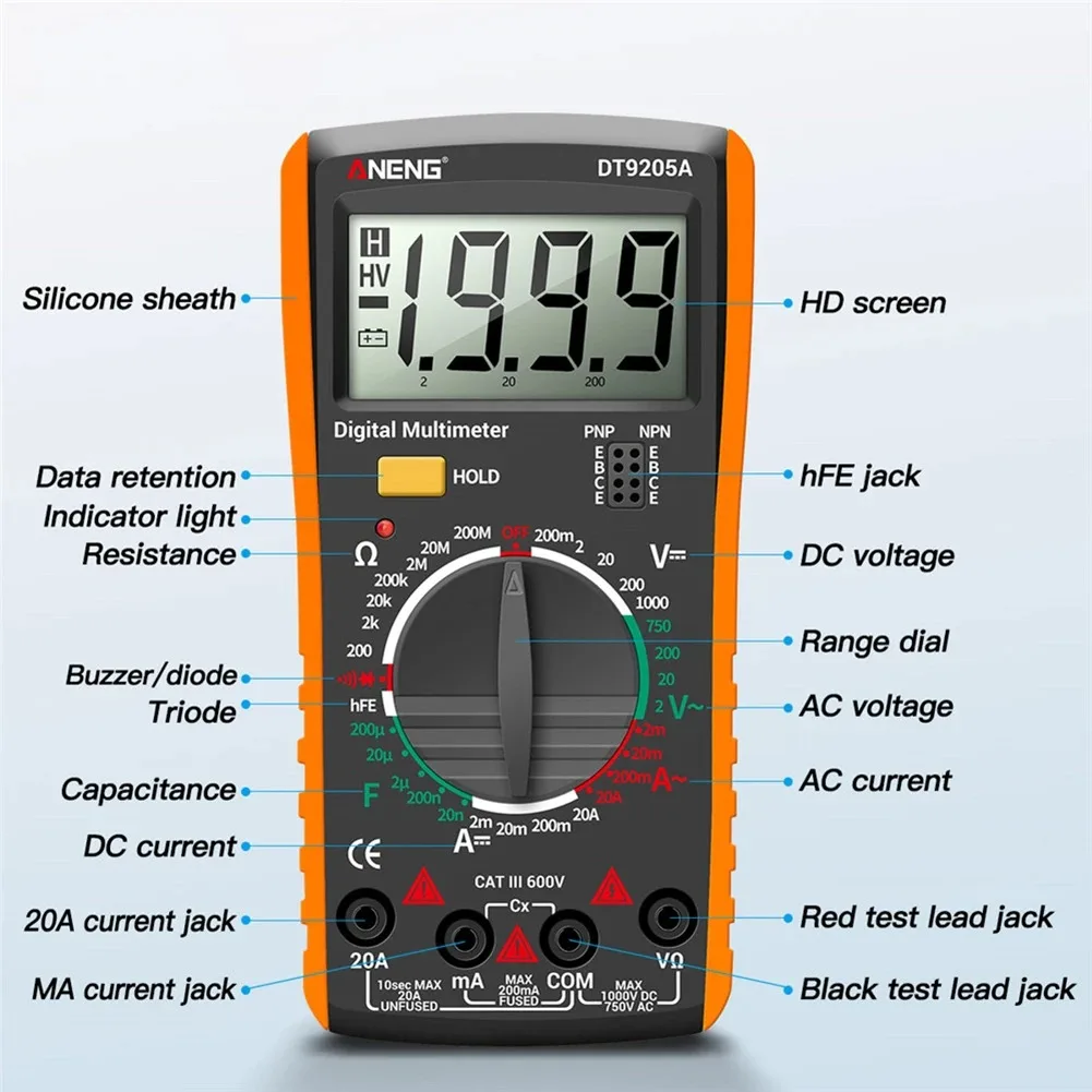 DT9205A multimetro ad alta precisione portatile AC DC voltmetro amperometro LCD digitale Volt tensione capacità Tester di resistenza Meter