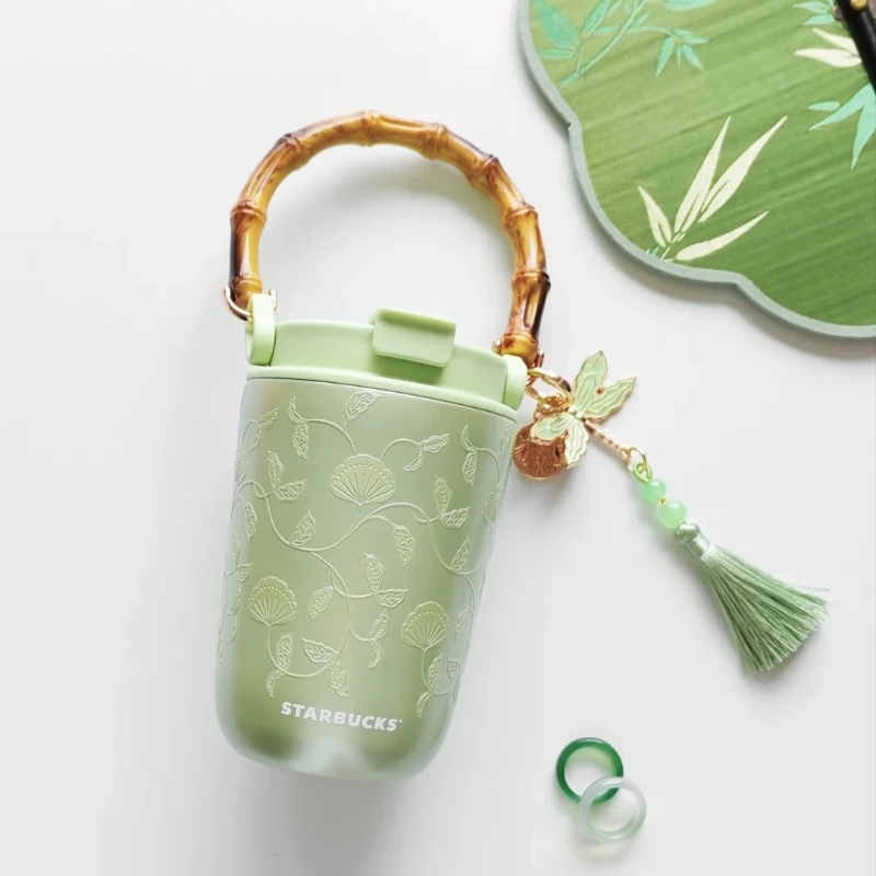 Gobelet isotherme Starbucks 400 ml Green Ginkgo, poignée imitation bambou avec gland en jade libellule, tasse à eau en acier inoxydable