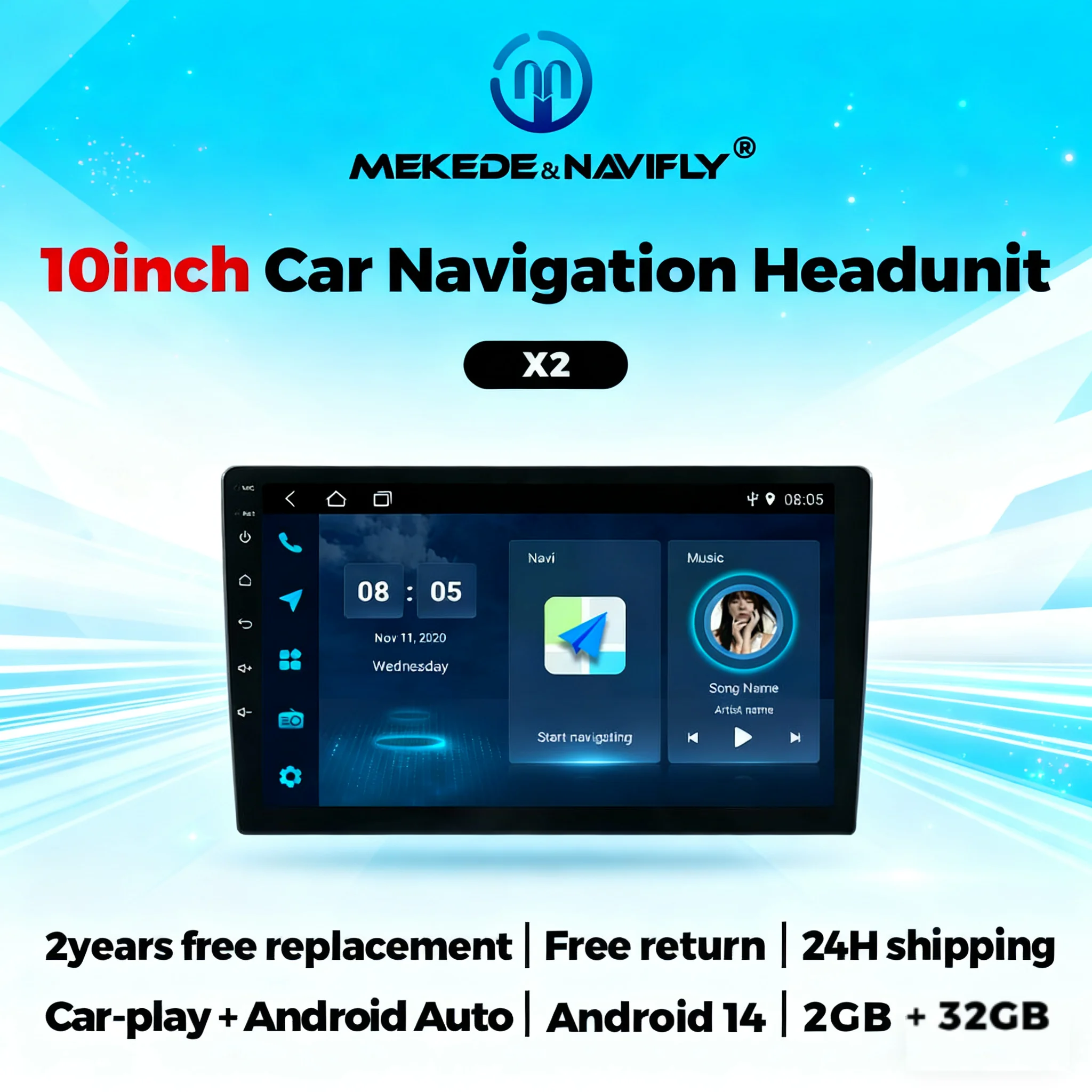 NaviFly 2 Din Android 14 Car Radio 10 inch Screen Universal Multimedia Video Player Stereo Wireless Carplay GPS Navigation WIFI