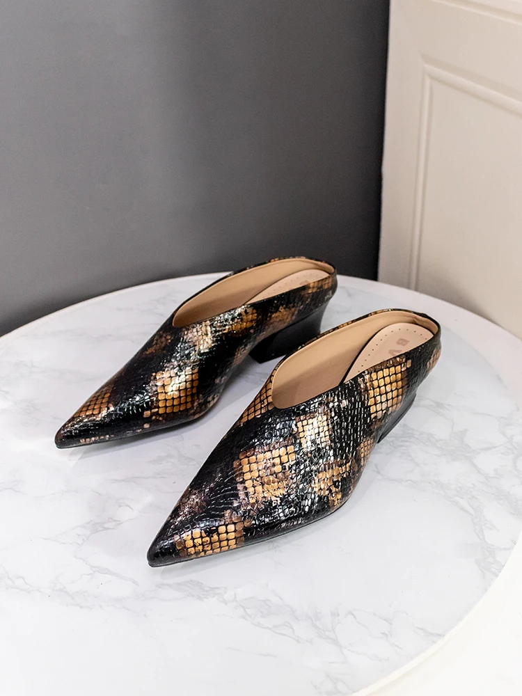 Pointed Toe Chunky Heel Women's Mules Open Toe Summer Outdoor Wear Leather Upgraded Version Retro Style Embroidered Spliced C...