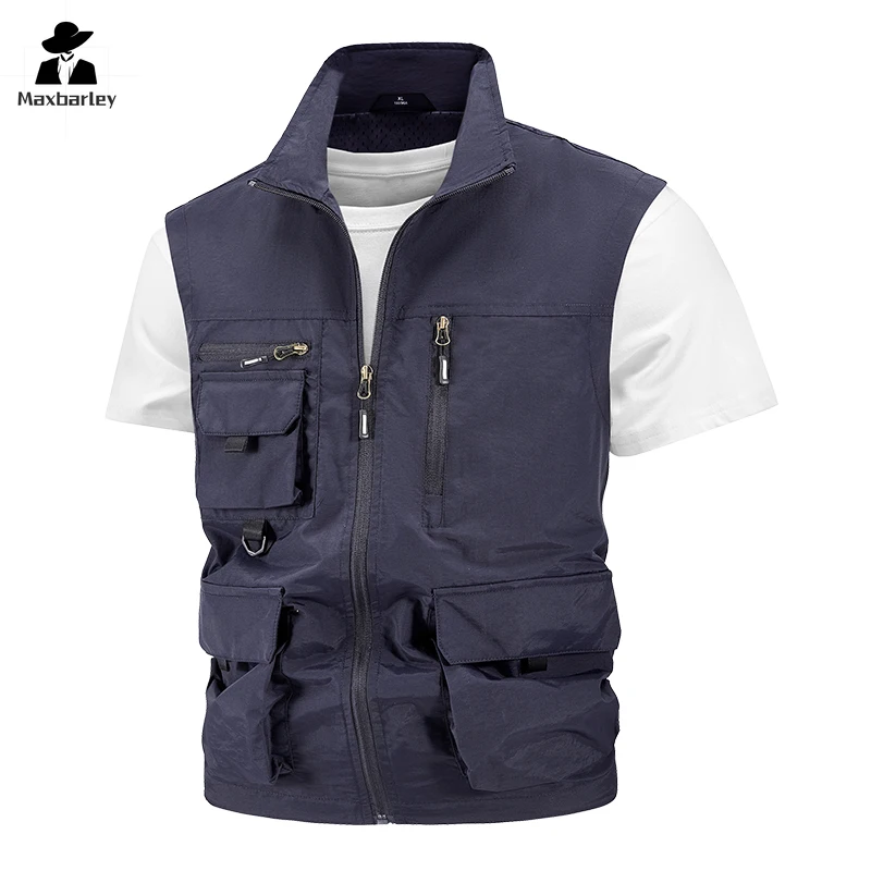 2024 Summer Men Sleeveless Fishing Tool Webbed Breathable Vest Men Many Pocket Outdoors Camping Thin Lightweight Loose Vest Male