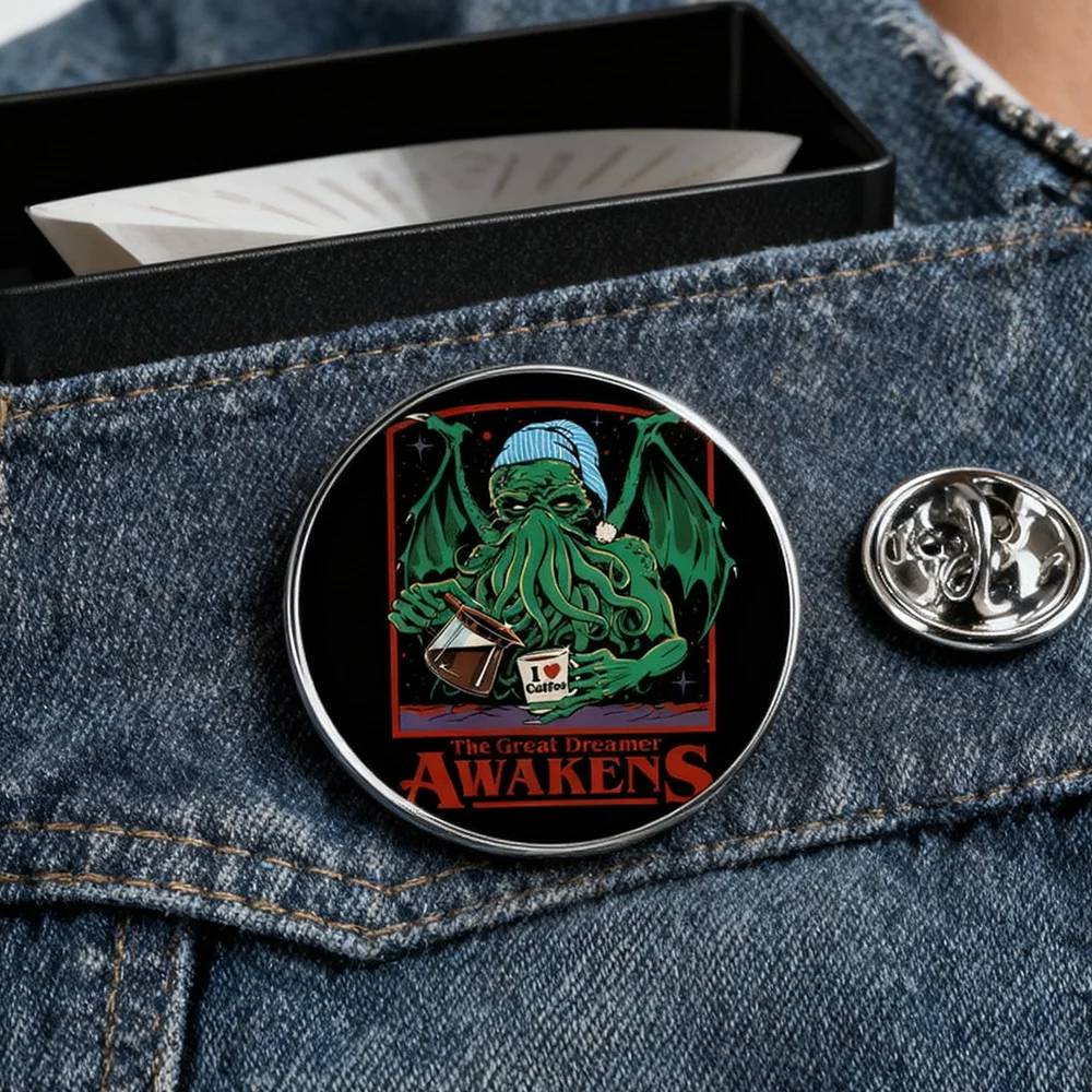Funny Cthulhu Loves Coffee Enamel Pin Octopus Tentacles Brooch for Women Men Backpack Lapel Badge Ornaments Collectibles
