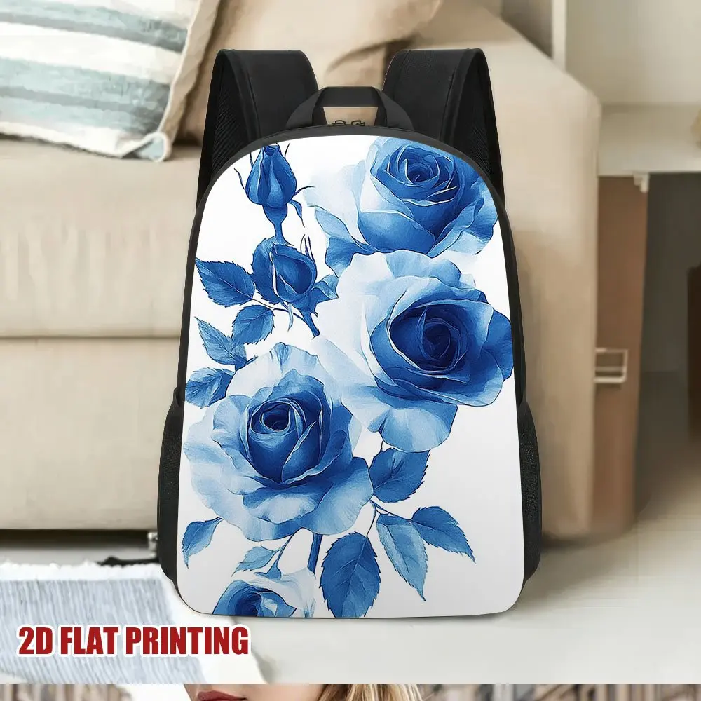 

A 2D flat printed travel backpack with blue rose pattern - a large-capacity single-shoulder bag with a washable zipper seal