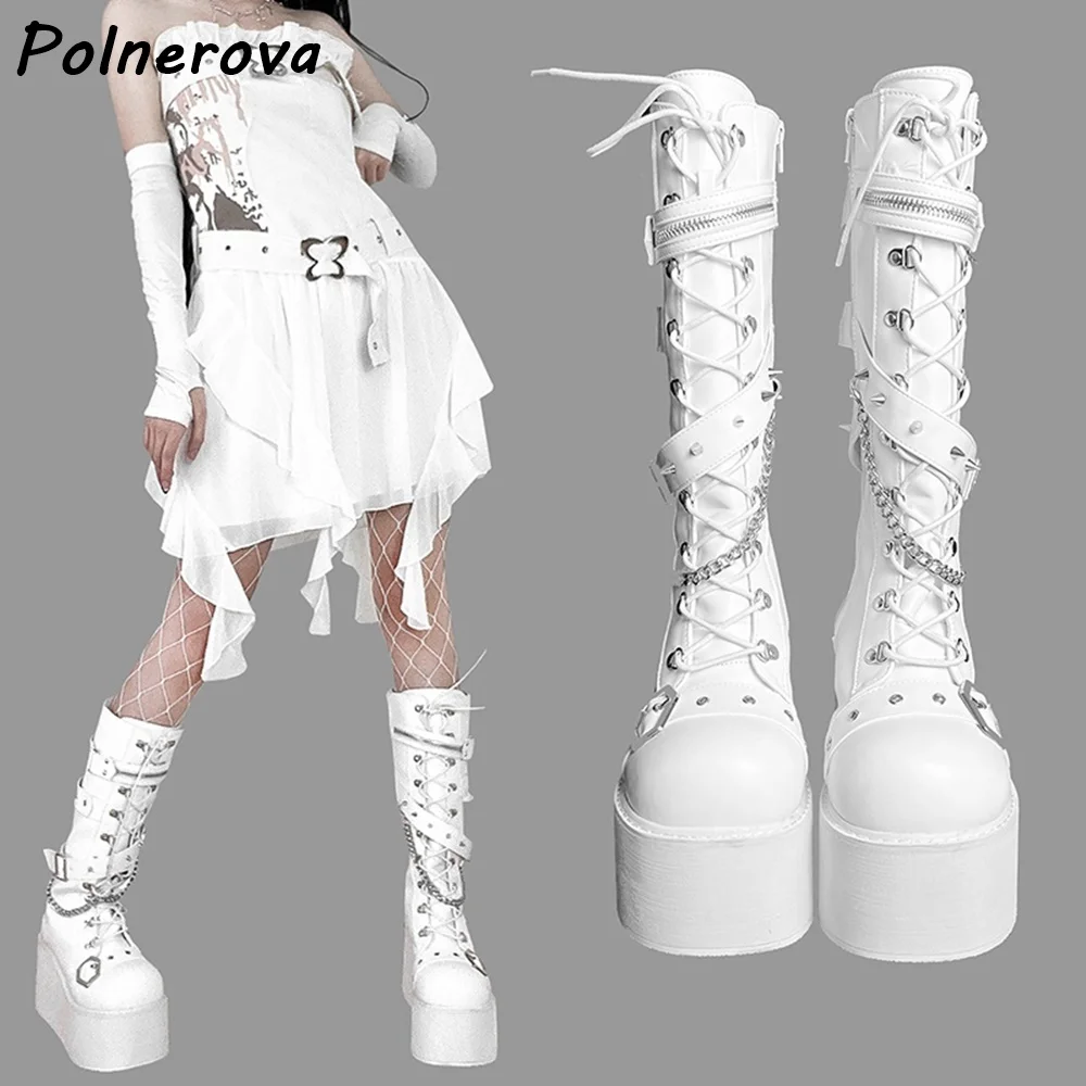Black Platform Metal Chain Boots Buckle Strap Cross Tied Lace Up Leather Fashion Shoes Women's Winter Fashion Dark Punk Shoes view 4