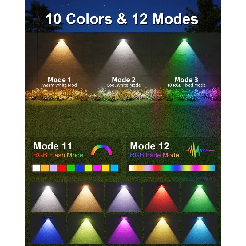 Solar Fence Lights Outdoor Set of 8 Super-bright Lumens Adjustable Three Colour Temperatures and RGB Automatic Dusk-to-Dawn Operation Suitable for Gardens, Railings, Pools, Porches and Backyards (Black Version)