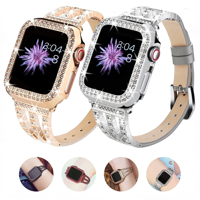 

Diamond Metal+Leather Strap For Apple Watch 8 7 45mm 41mm Ultra 49mm Women Exquisite Bracelet band iWatch 6 5 4 3 SE 44mm 40mm